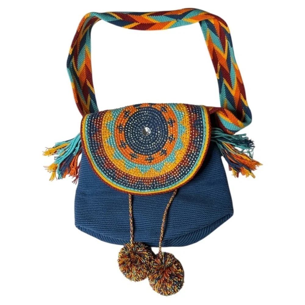 Wayuu Crystal Medallion Crochet Pom Pom Bag Flap Top